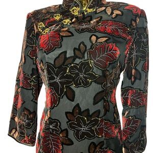 Elegant Floral Black  burnout velvet vintage Asian Dress M